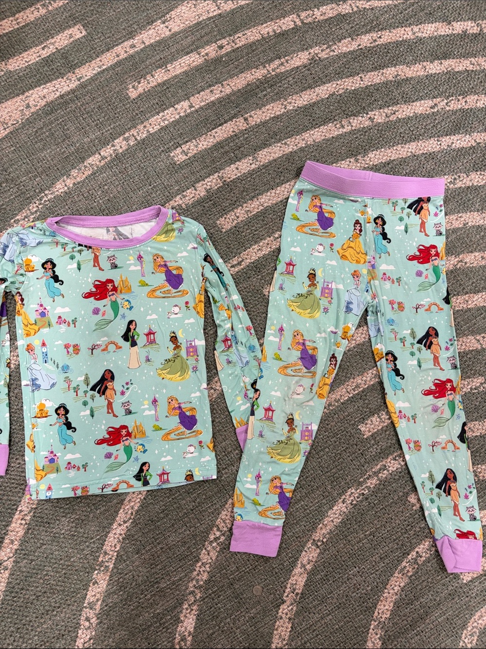 Little Sleepies Light Aqua Princess Print Pajama Set with Purple Trim